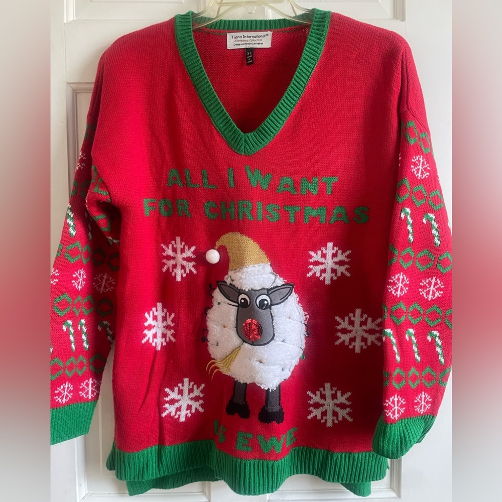 Light Up Ugly Christmas Holiday Sweater Tiara International V Neck with lights